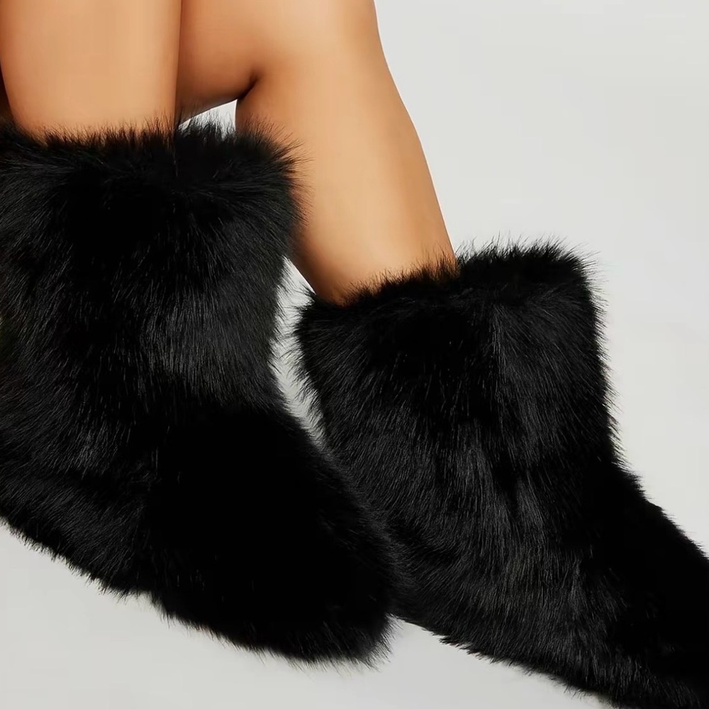 Fashion Nova Black Over the Knee Faux Fur Boots